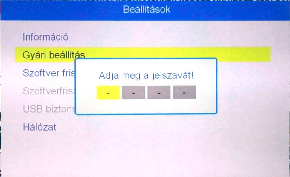 Gyári beállítás indítása